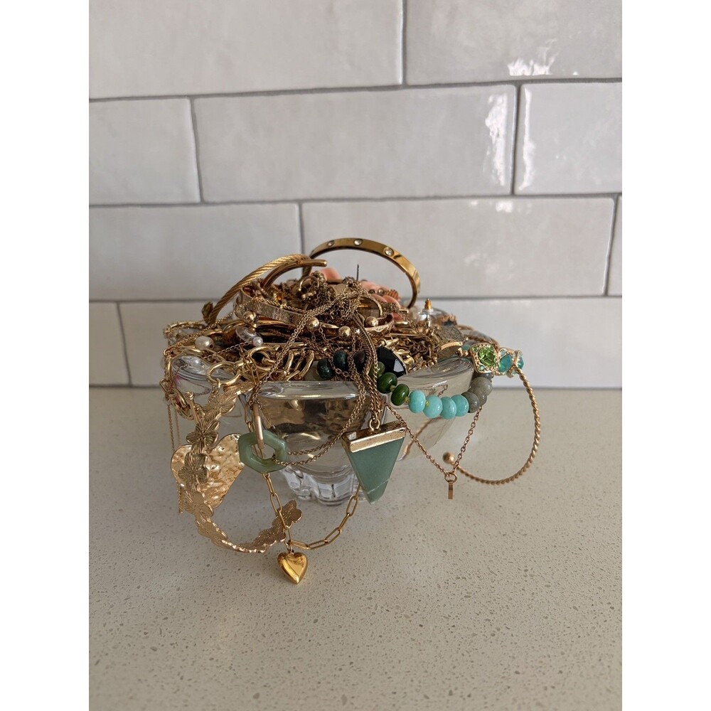 VTG Mystery All Gold Tone and turquoise Jewelry Jar Necklace Earring Bracelet